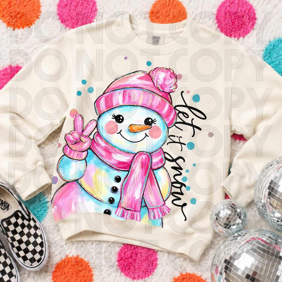 Let it snow snowman peace hands in pink boggin scarf and gloves (Renewed) DTF Transfer