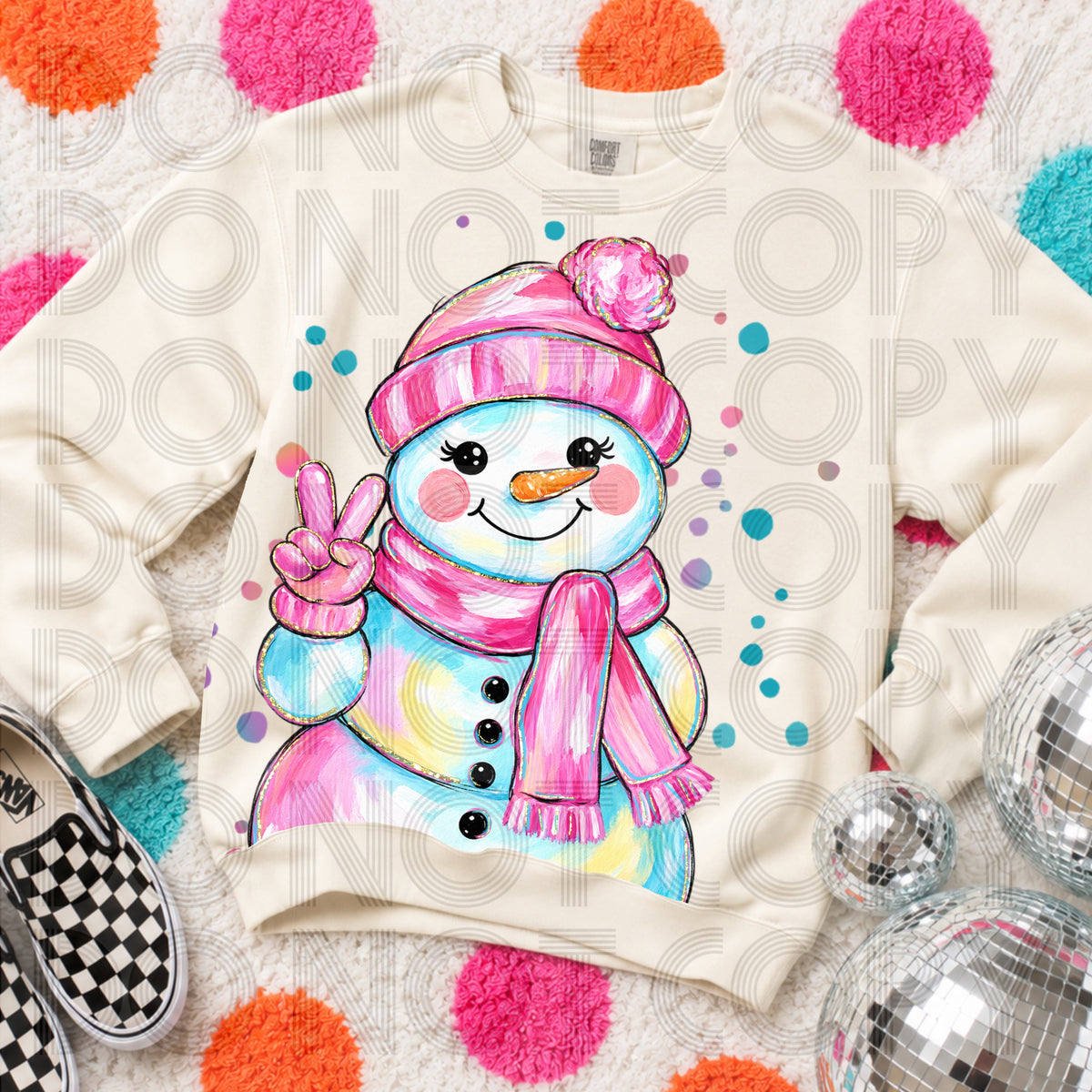 Snowman peace hands in pink boggin scarf and gloves (Renewed) DTF Transfer