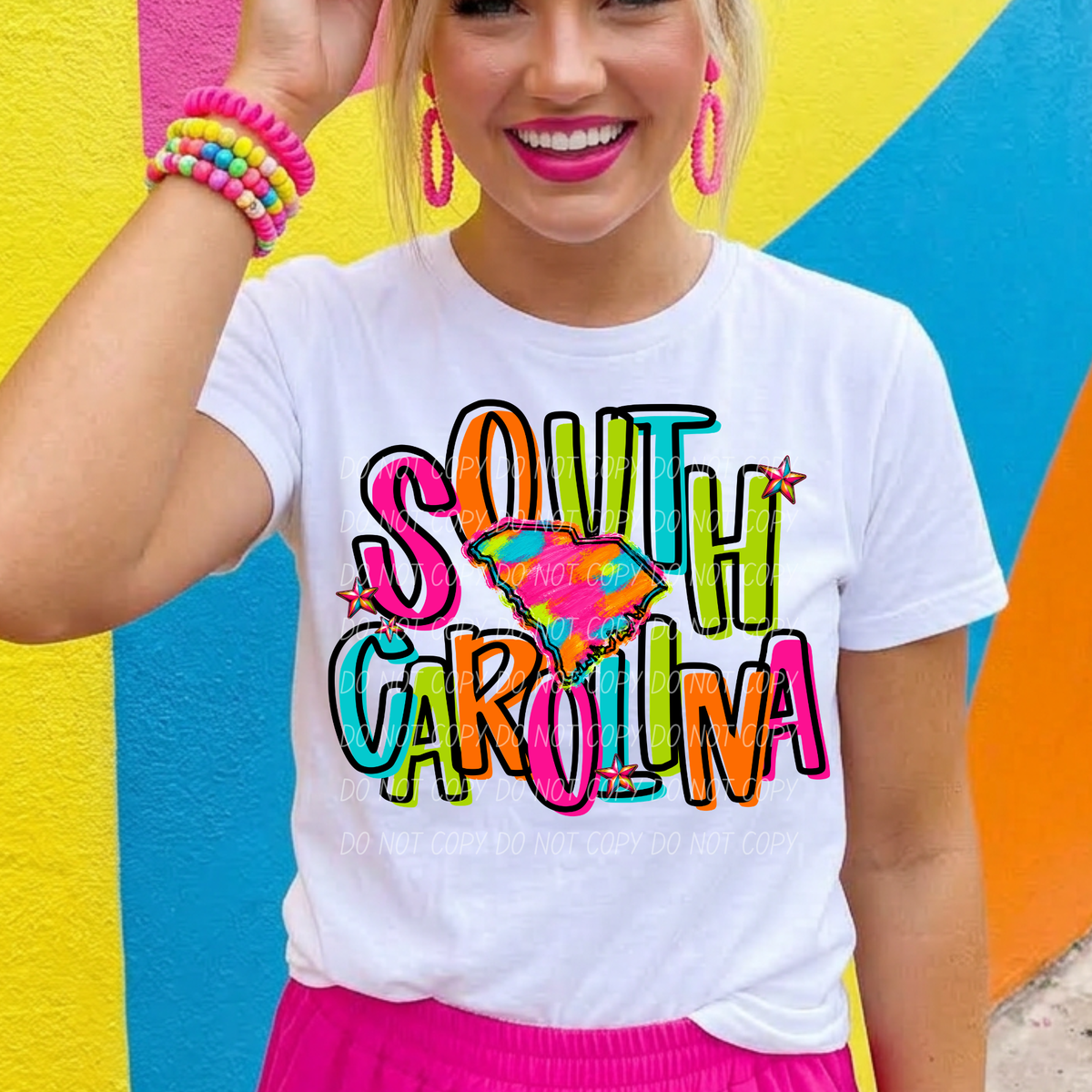 south Carolina neon rainbow stacked font (city) DTF transfer