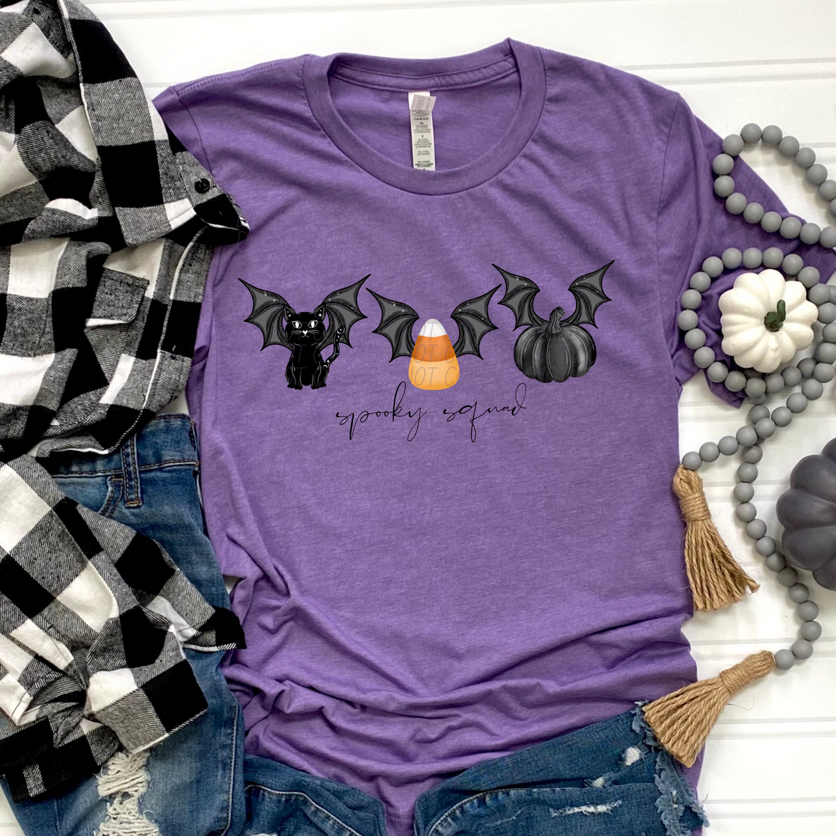 Spooky squad CAT candy corn black pumpkin with bat wings CITY DTF transfer