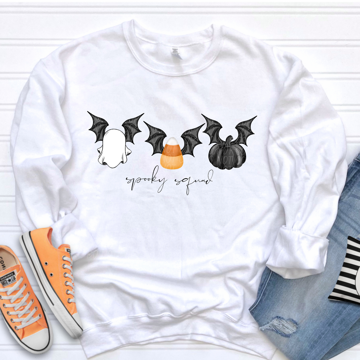 Spooky squad ghost cand corn black pumpkin with bat wings CITY DTF transfer