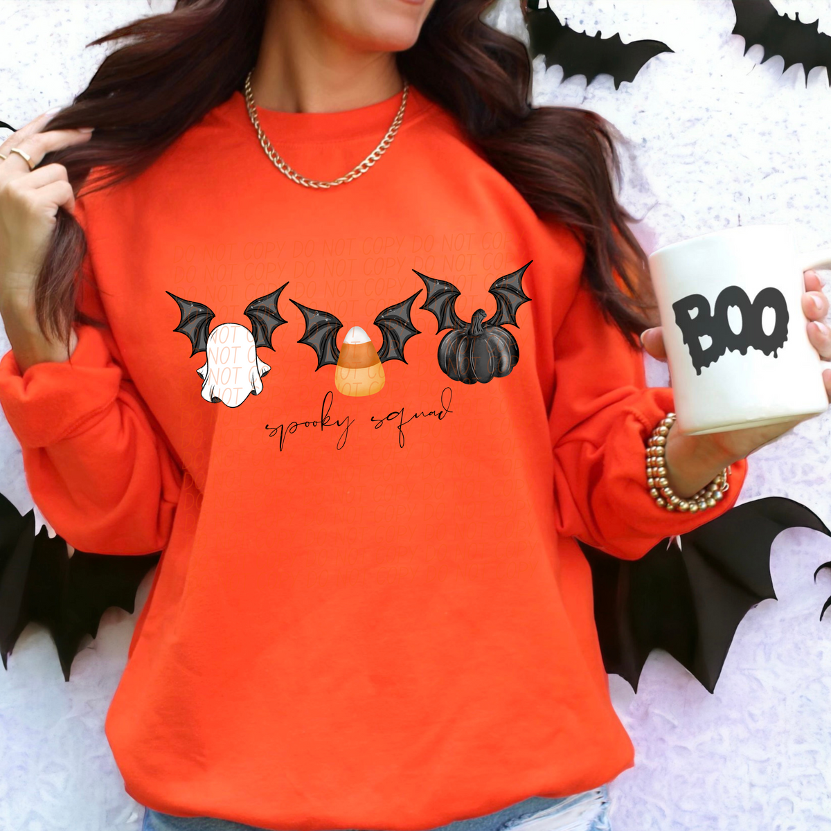 Spooky squad ghost cand corn black pumpkin with bat wings CITY DTF transfer