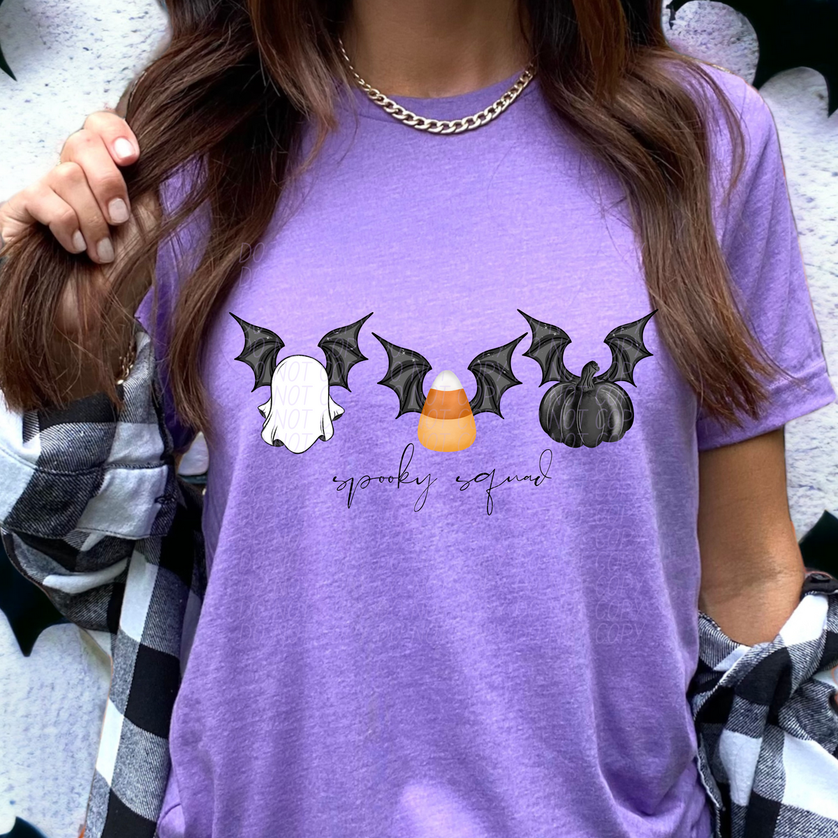 Spooky squad ghost cand corn black pumpkin with bat wings CITY DTF transfer