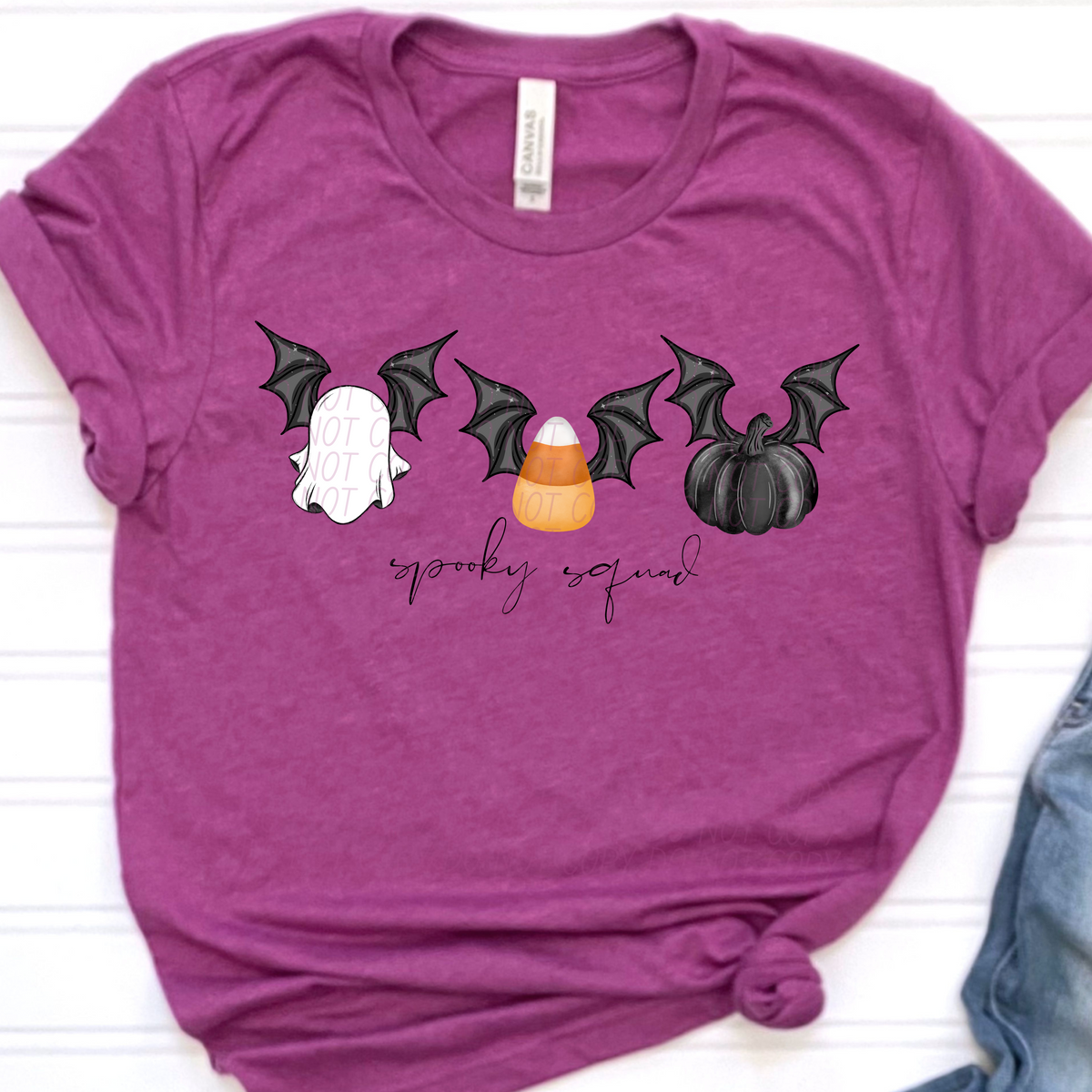 Spooky squad ghost cand corn black pumpkin with bat wings CITY DTF transfer