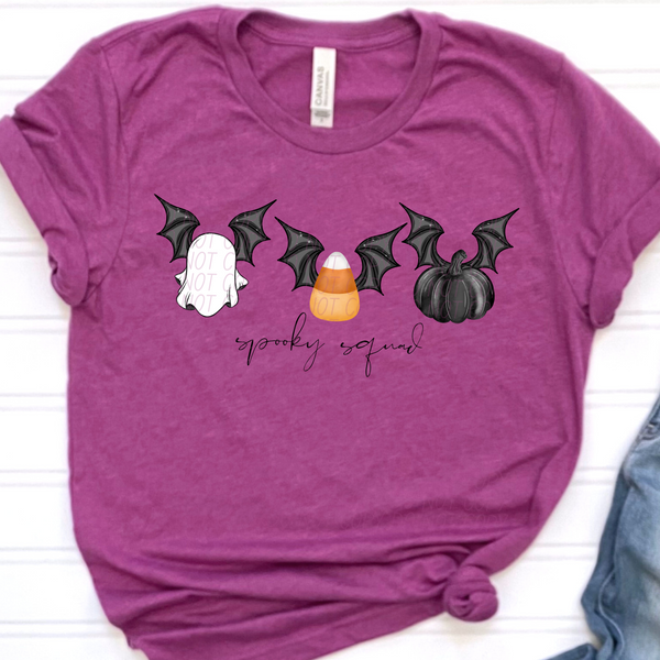 Spooky squad ghost cand corn black pumpkin with bat wings CITY DTF transfer