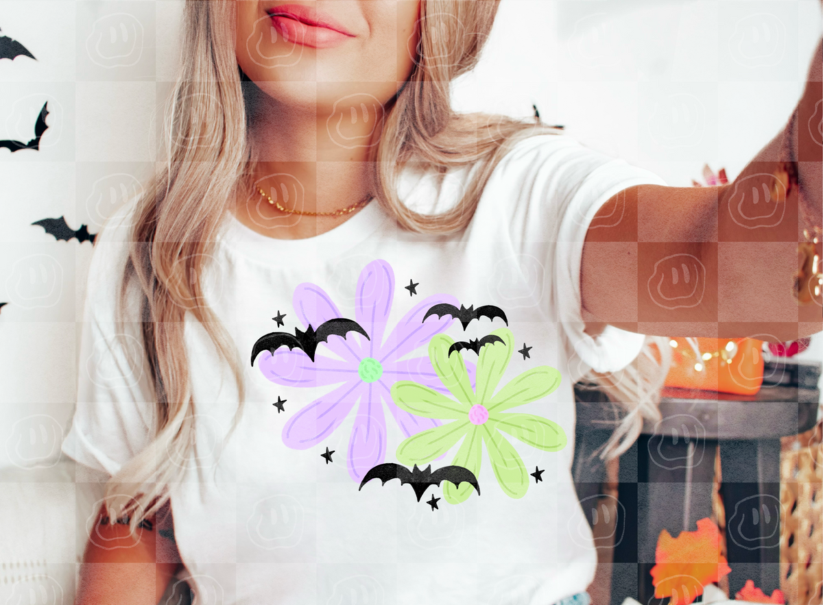 Purple and green flowers with bats (Lyttle) DTF Transfer