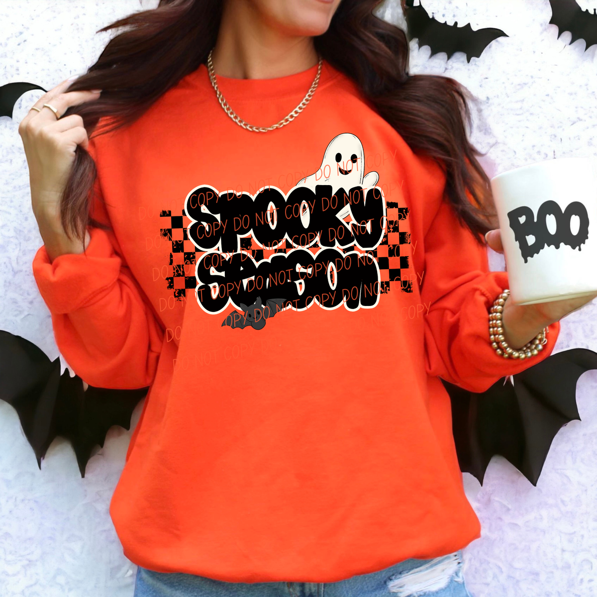Spooky Season checkered background with bat and ghost (City) DTF Transfer