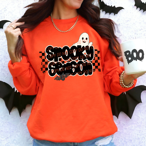 Spooky Season checkered background with bat and ghost (City) DTF Transfer
