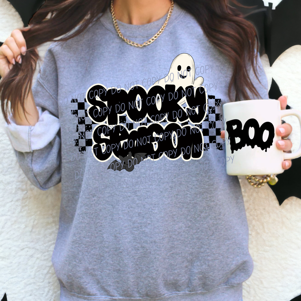 Spooky Season checkered background with bat and ghost (City) DTF Transfer