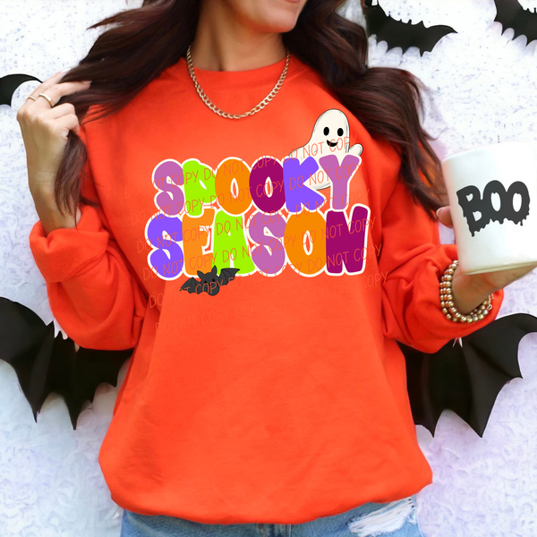 Spooky Season neon font with bat and ghost (City) DTF Transfer