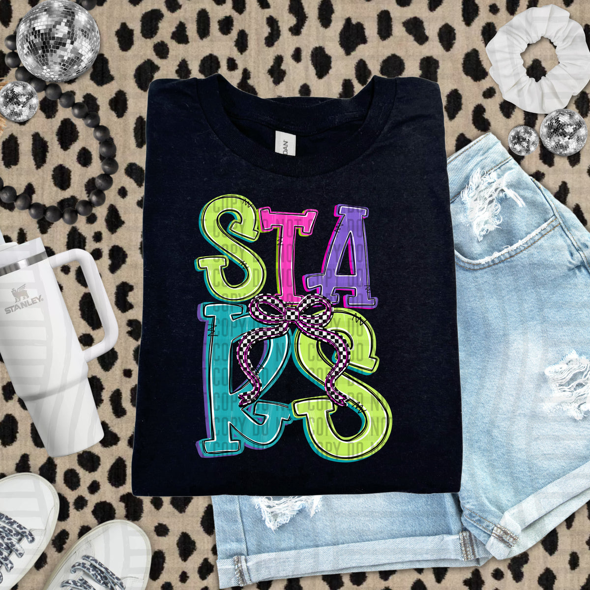 Stars stacked neon colors with checkered bow (caplinger) DTF Transfer