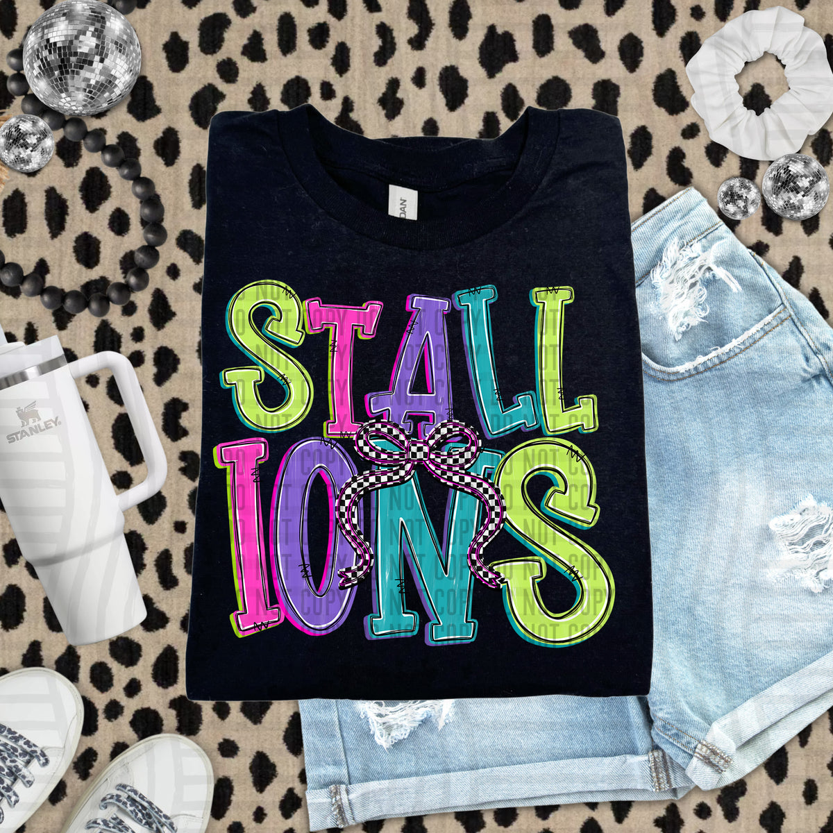 Stallions stacked neon colors with checkered bow (caplinger) DTF Transfer