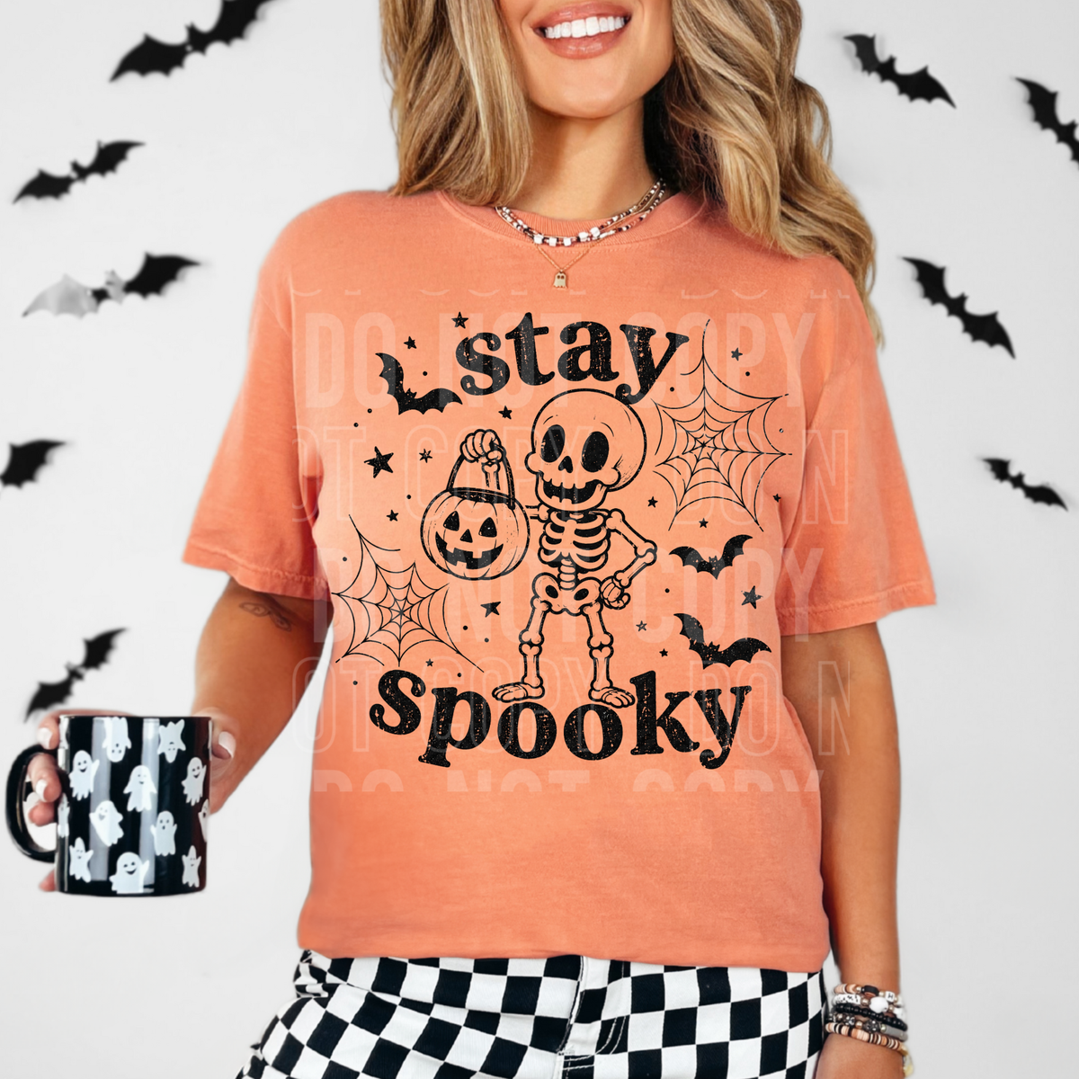 Stay spooky skeleton holding pumpkin bucket (SBB) DTF Transfer