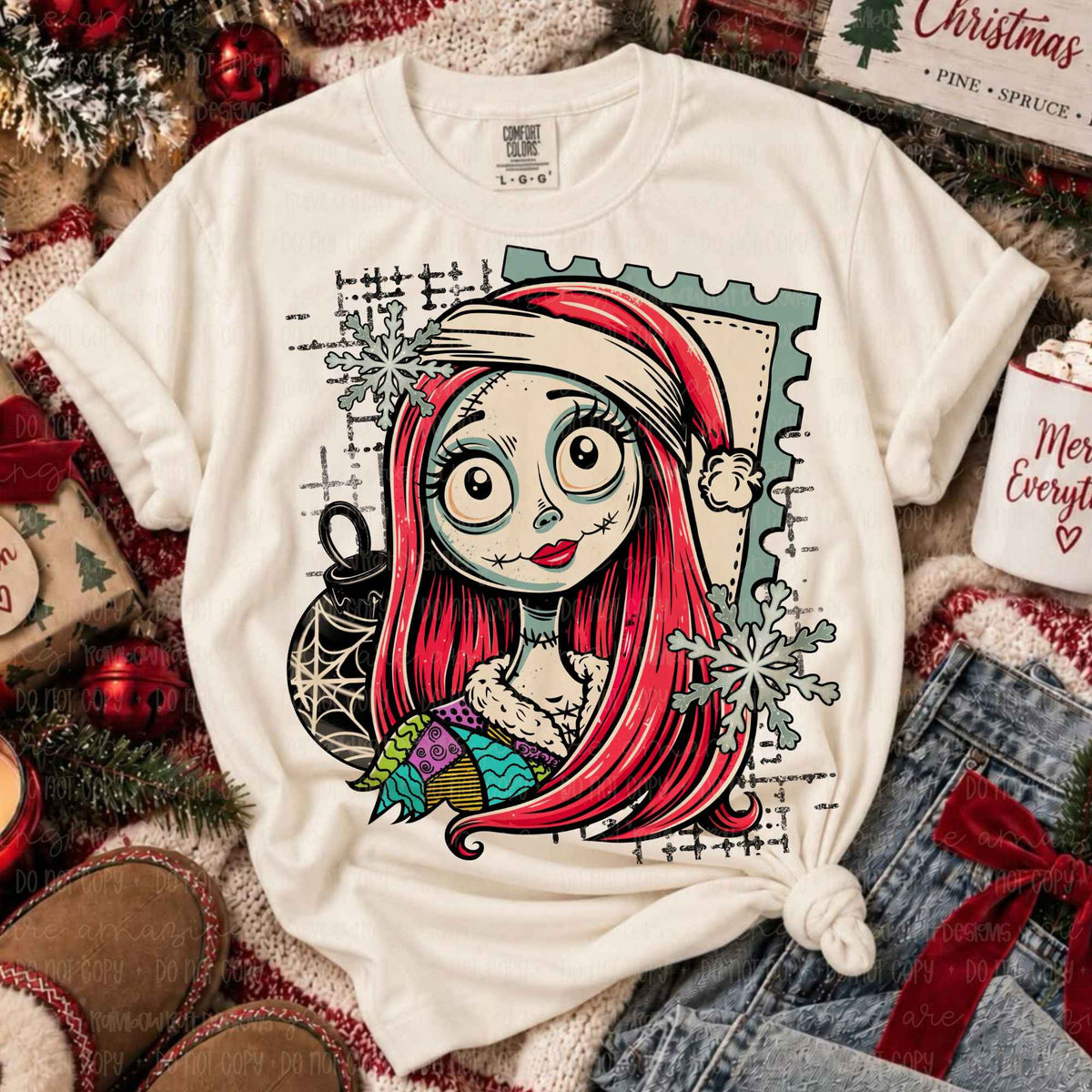 Sally in Santa hat with stamp background (RRD) DTF Transfer