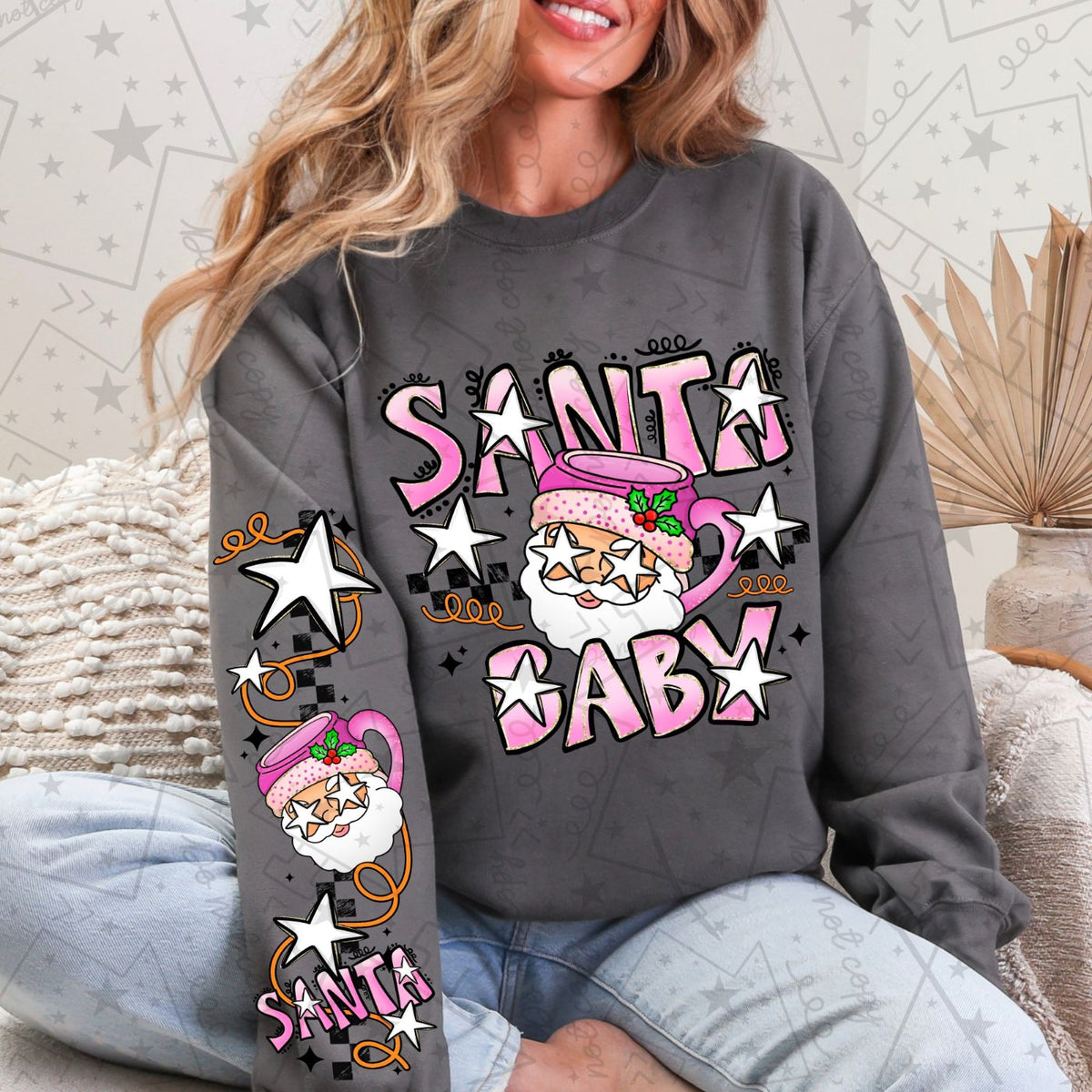 Santa baby pink Santa mug with white stars (SLEEVE ONLY) (HW) DTF Transfer