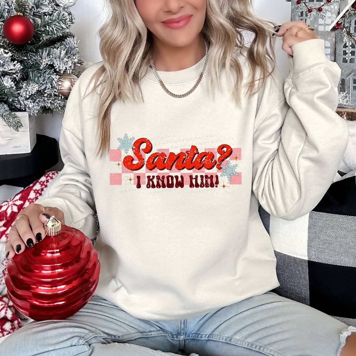Santa I Know Him Pink Checkered Distressed 115845 DTF Transfer