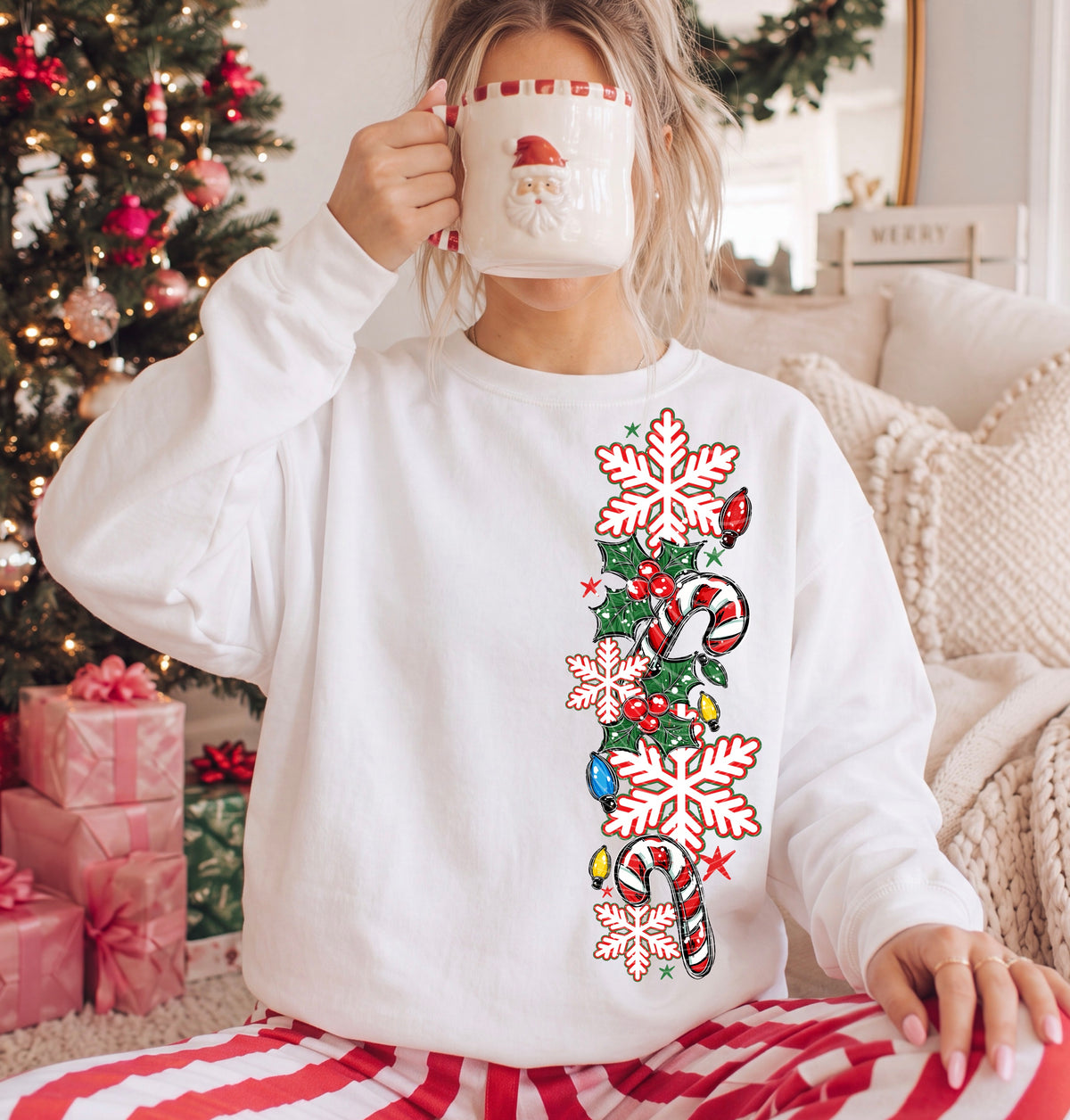 Candy cane 4 snowflakes and Christmas lights side piece (AG) DTF Transfer