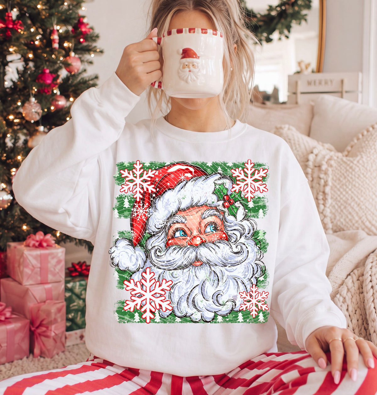 Santa red hat and snowflakes green stripes (AG) DTF Transfer