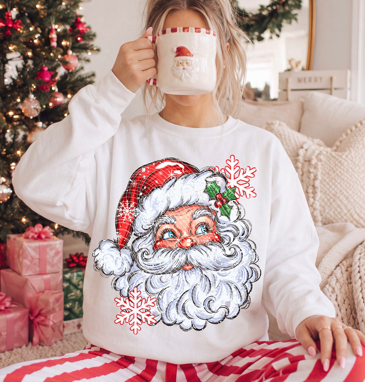 Santa red hat and snowflakes (AG) DTF Transfer