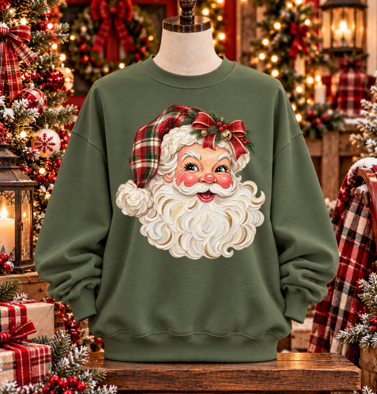 Blushing Mr. Clause red and green plaid Santa hat (SDD) DTF Transfer