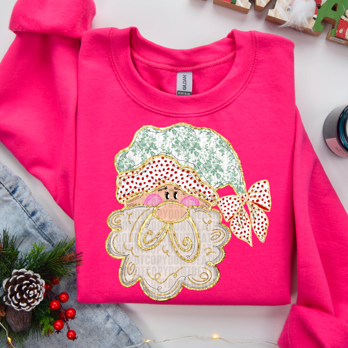 Santa dotted bow green hat DTF transfer