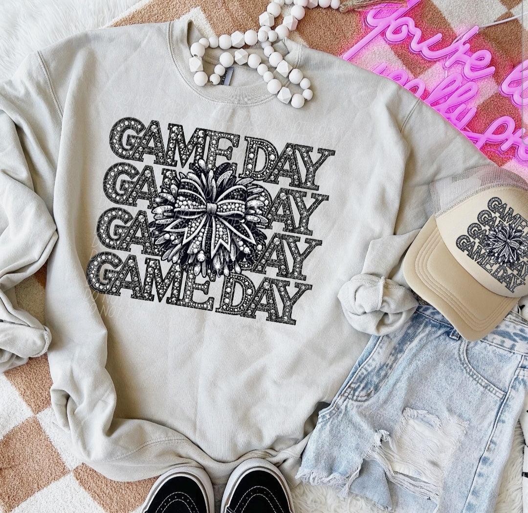 Game day stacked pom pom with bow rhinestones CITY DTF transfer