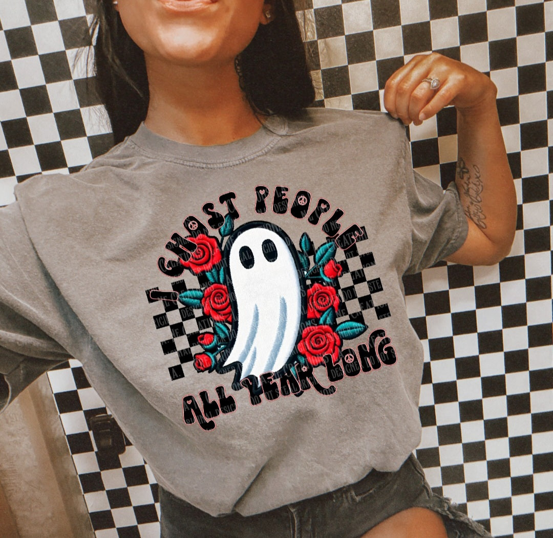 I ghost people all year long checkered background ghost with roses (LANE) 45135 DTF transfer