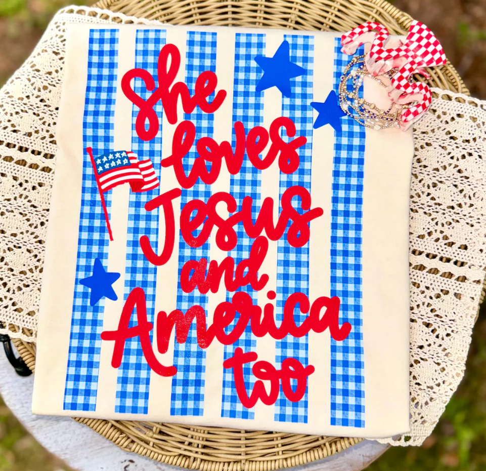 She loves Jesus gingham strips Sunday Special DTF transfer