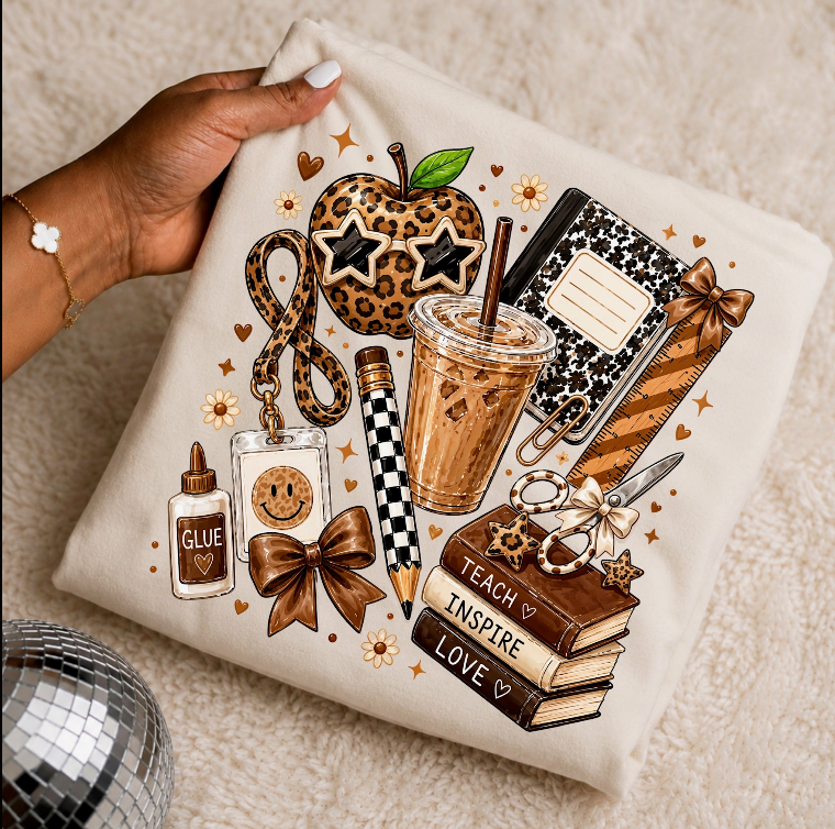 Brown and leopard school supplies collage DTF Transfer