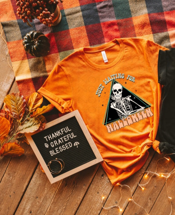 Just waiting for halloween skeletong in triangle 2788 DTF TRANSFER