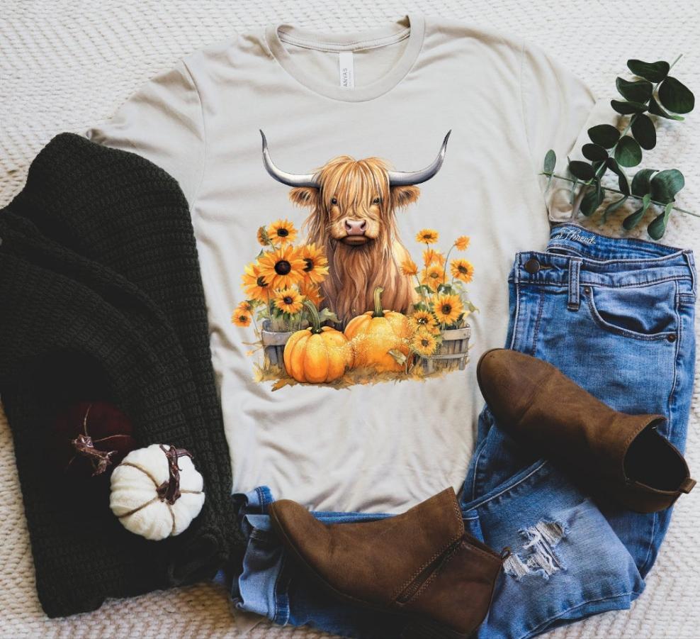 Shaggy cow with sunflowers and pumpkins 2717 DTF TRANSFER