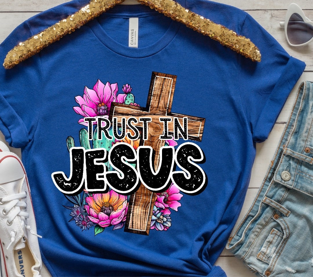 Trust in jesus wooden cross with florals 2711 DTF TRANSFER