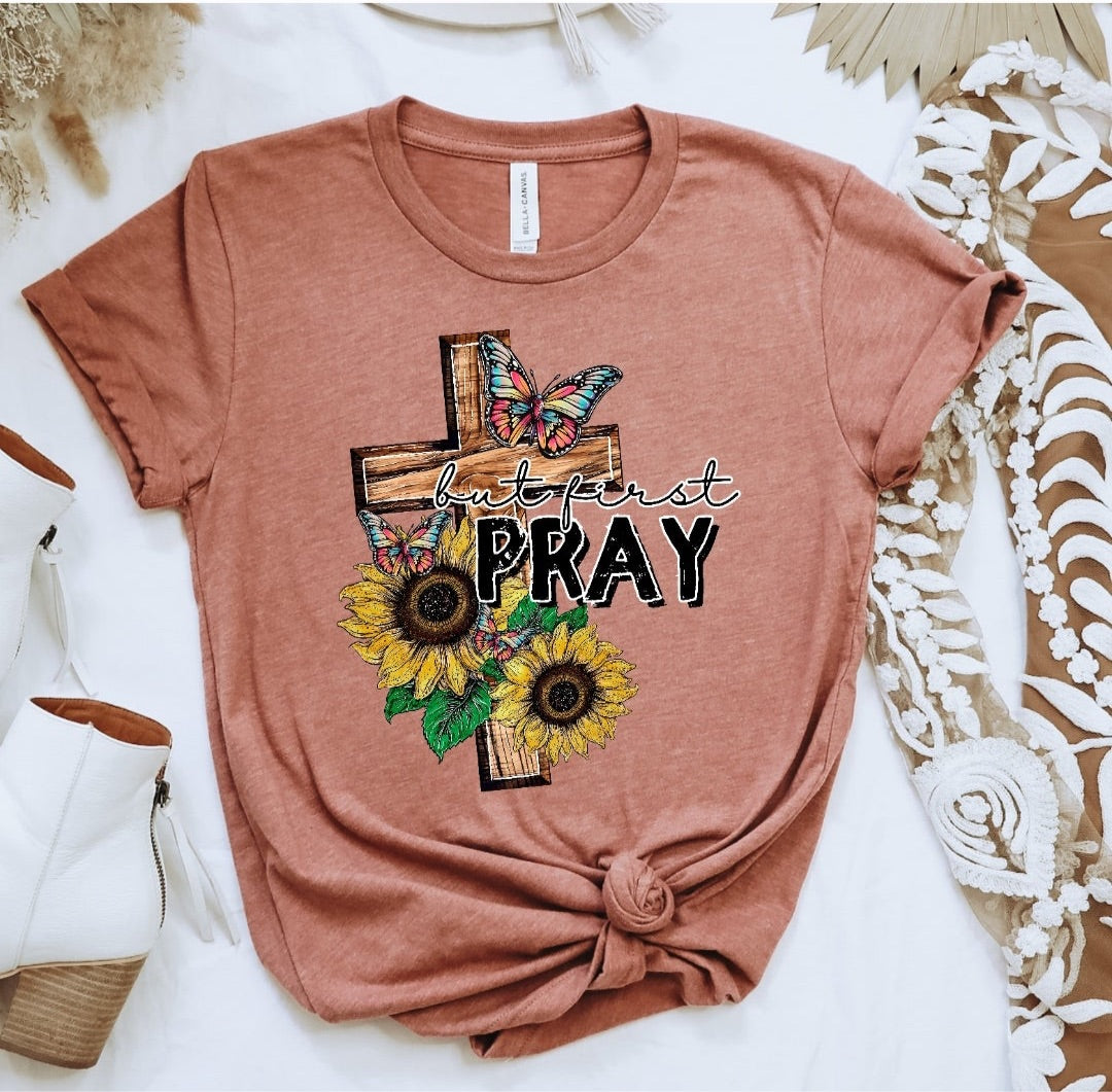 But first pray woode cross with sunflowers 2716 DTF TRANSFER