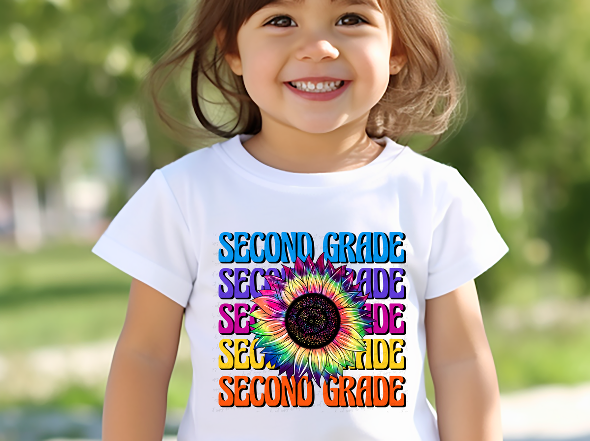 SECOND GRADE stacked Tye Dye Sunflower 115936 DTF Transfer
