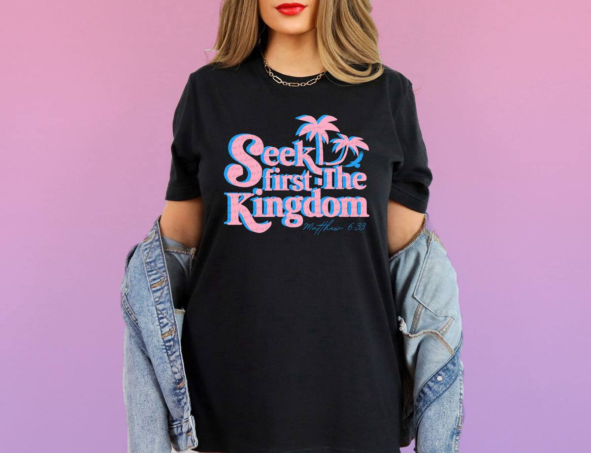 Seek First The Kingdom Matthew 6:33 Blue Pink 81018 DTF Transfer