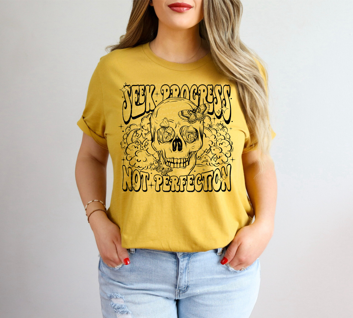 Seek Progress Not Perfection Skull Black 89246 DTF Transfer