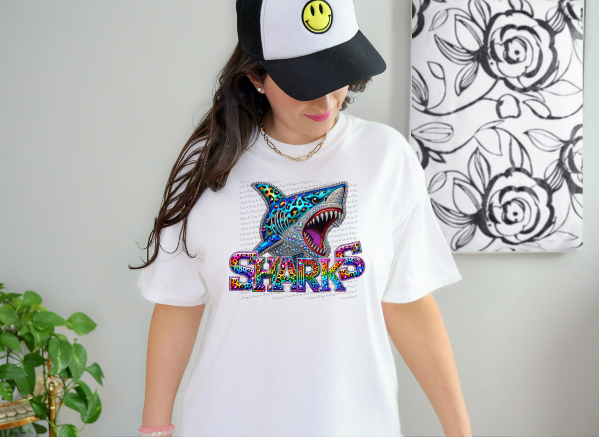 Sharks Mascots Rhinestone Leopard Rainbow 42906 DTF transfer