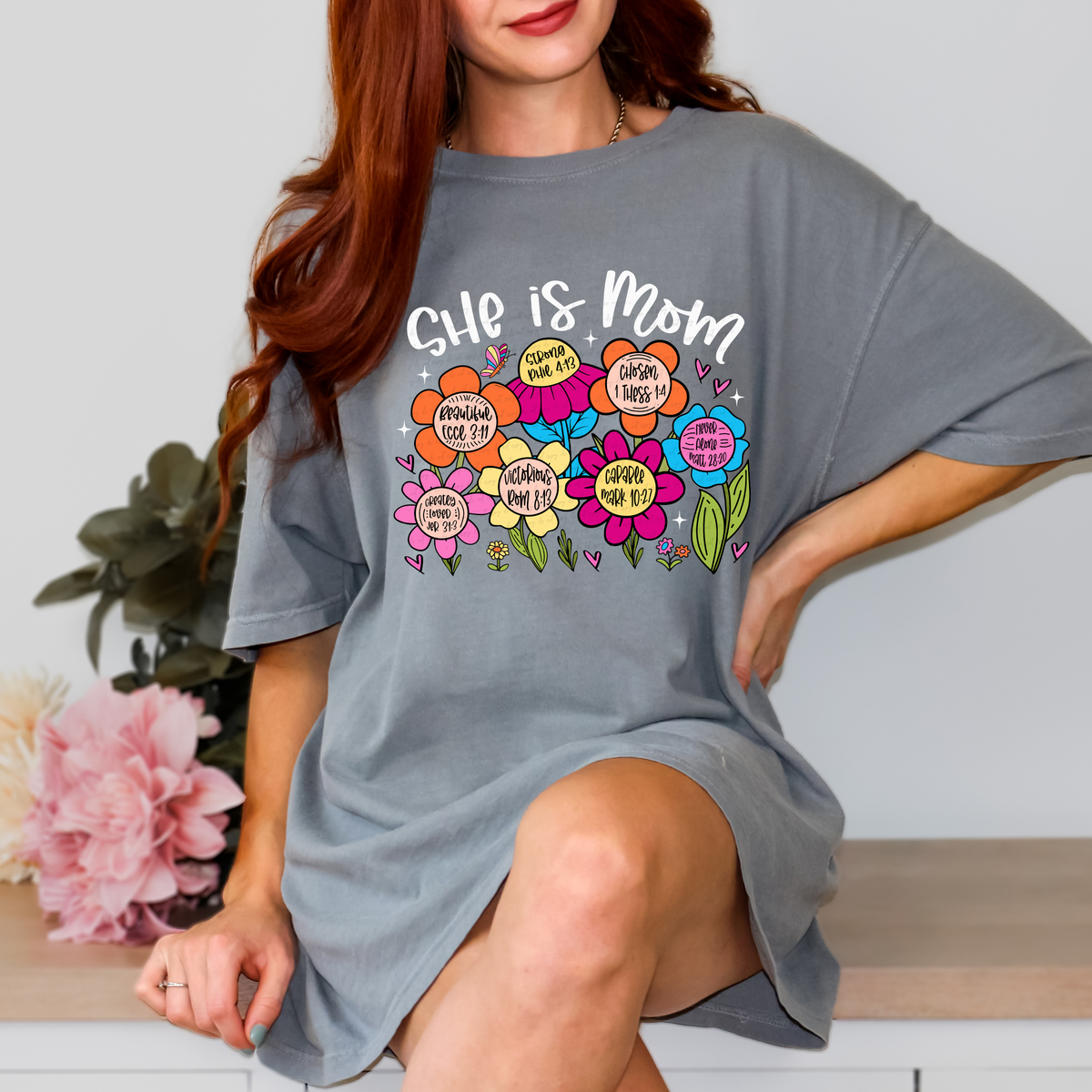 She Is Mom Floral Affirmations White Font 111402 DTF transfer