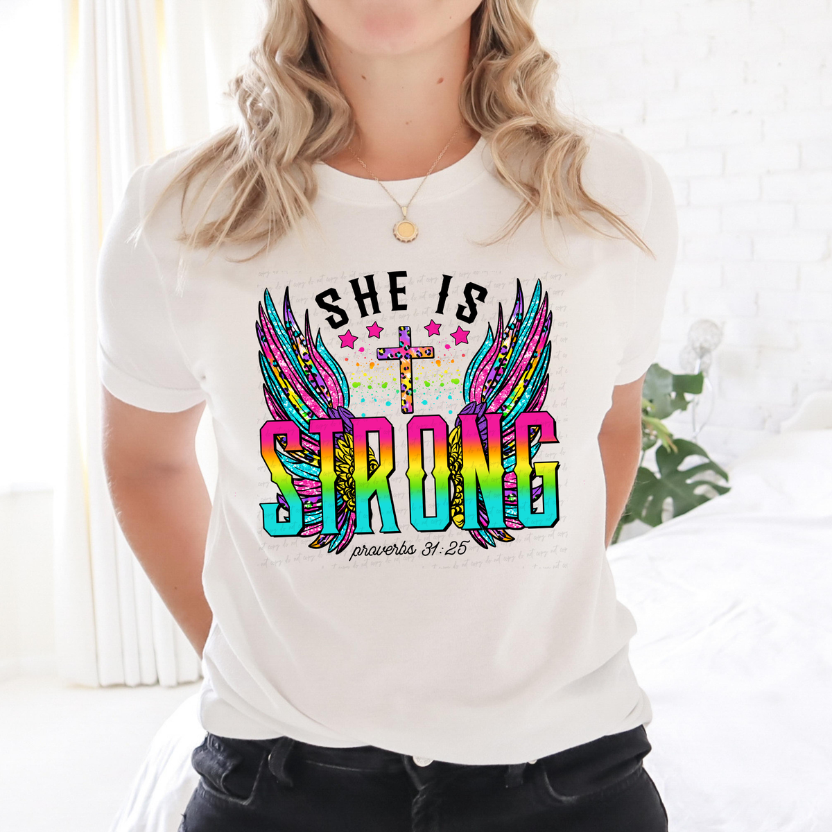 She Is Strong Colorful Wings with Cross Proverbs 31:25 116094 DTF Transfer
