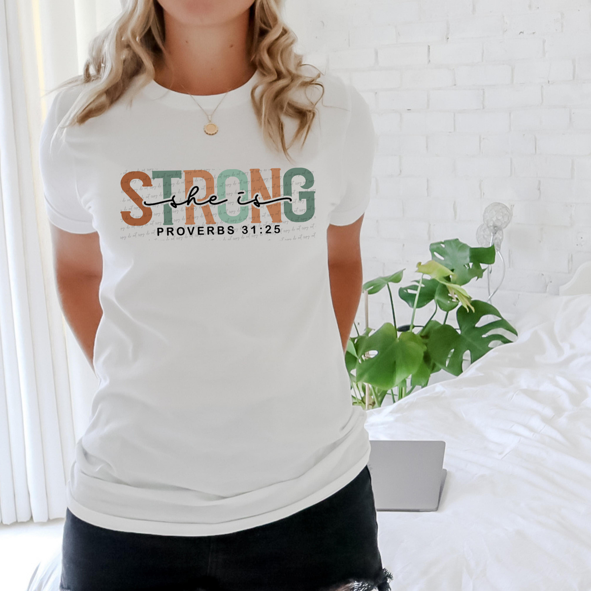 She Is Strong Proverbs 31:25 Cursive 76190 DTF Transfer