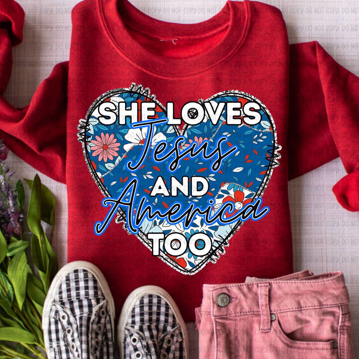 She loves Jesus and America too heart (Revel) 106833 DTF transfer