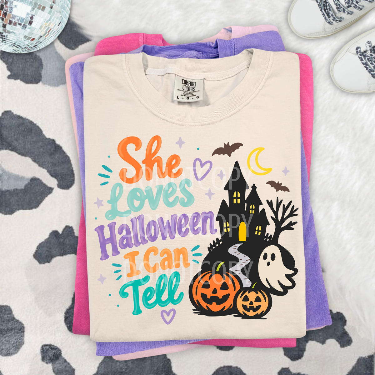 She loves Halloween I can tell ghost pumpkins and mansion (CSG) DTF Transfer