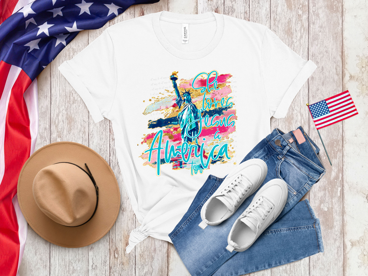 She Loves Jesus and America Too Watercolor Statue 111537 DTF transfer