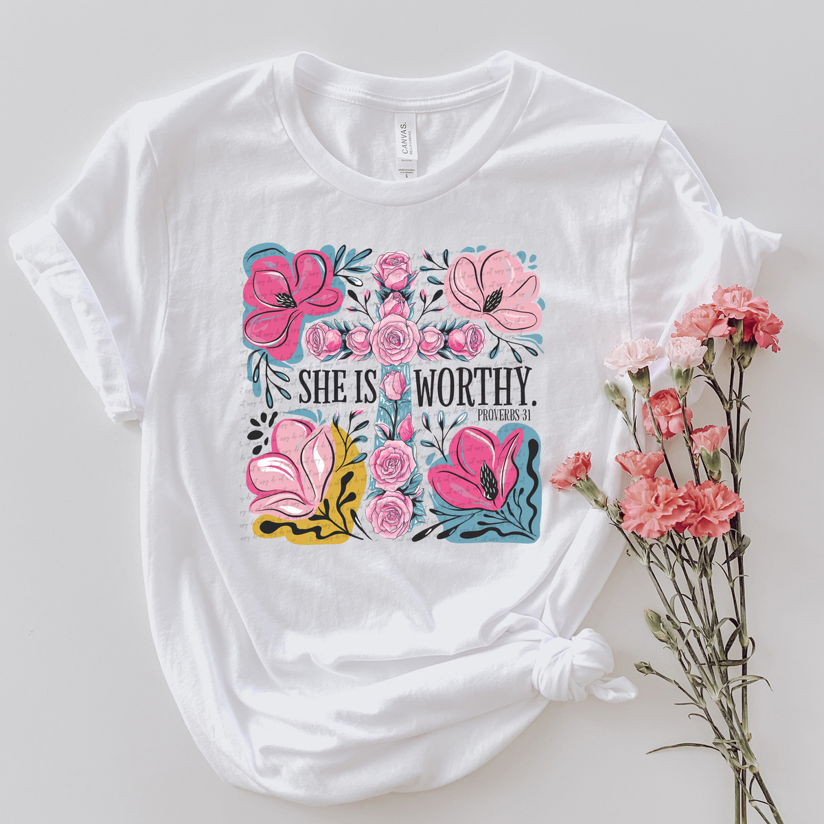 She Is Worthy Proverbs 31 Floral Cross 86099 DTF Transfer