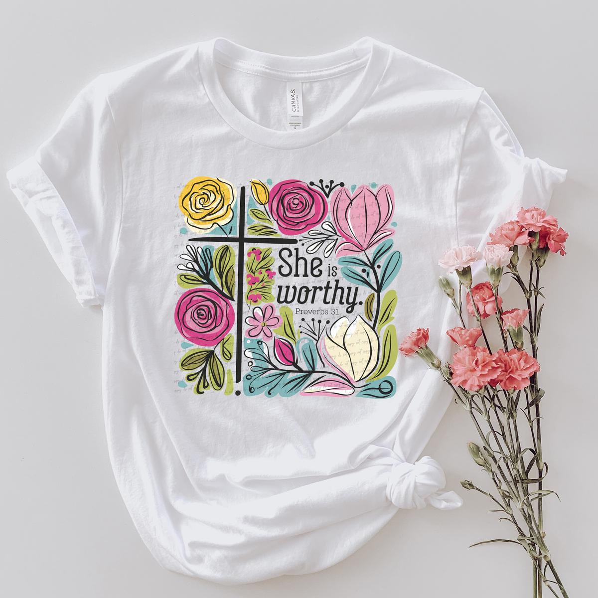 She Is Worthy Proverbs 31 Floral With Cross 86100 DTF Transfer