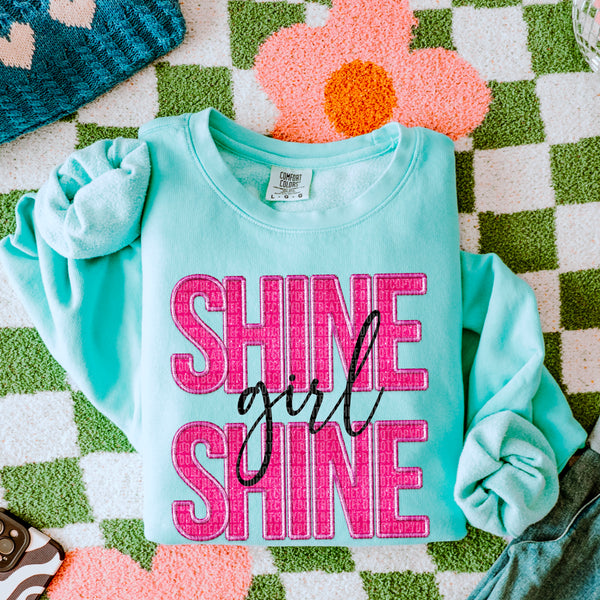 Shine girl shine dark pink font embroidery DTF transfer