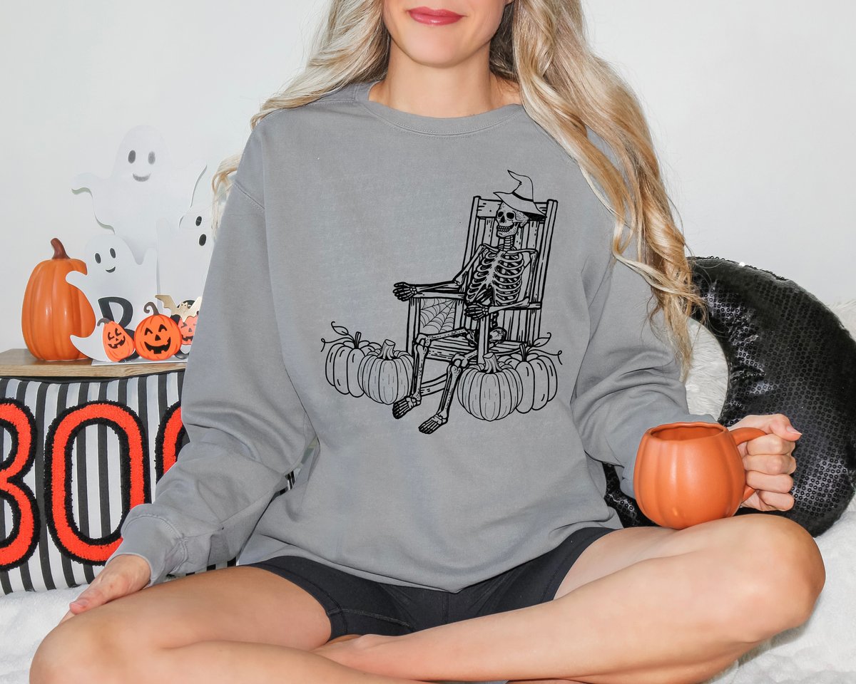 Skeleton In Rocking Chair with Pumpkins 114736 DTF transfer