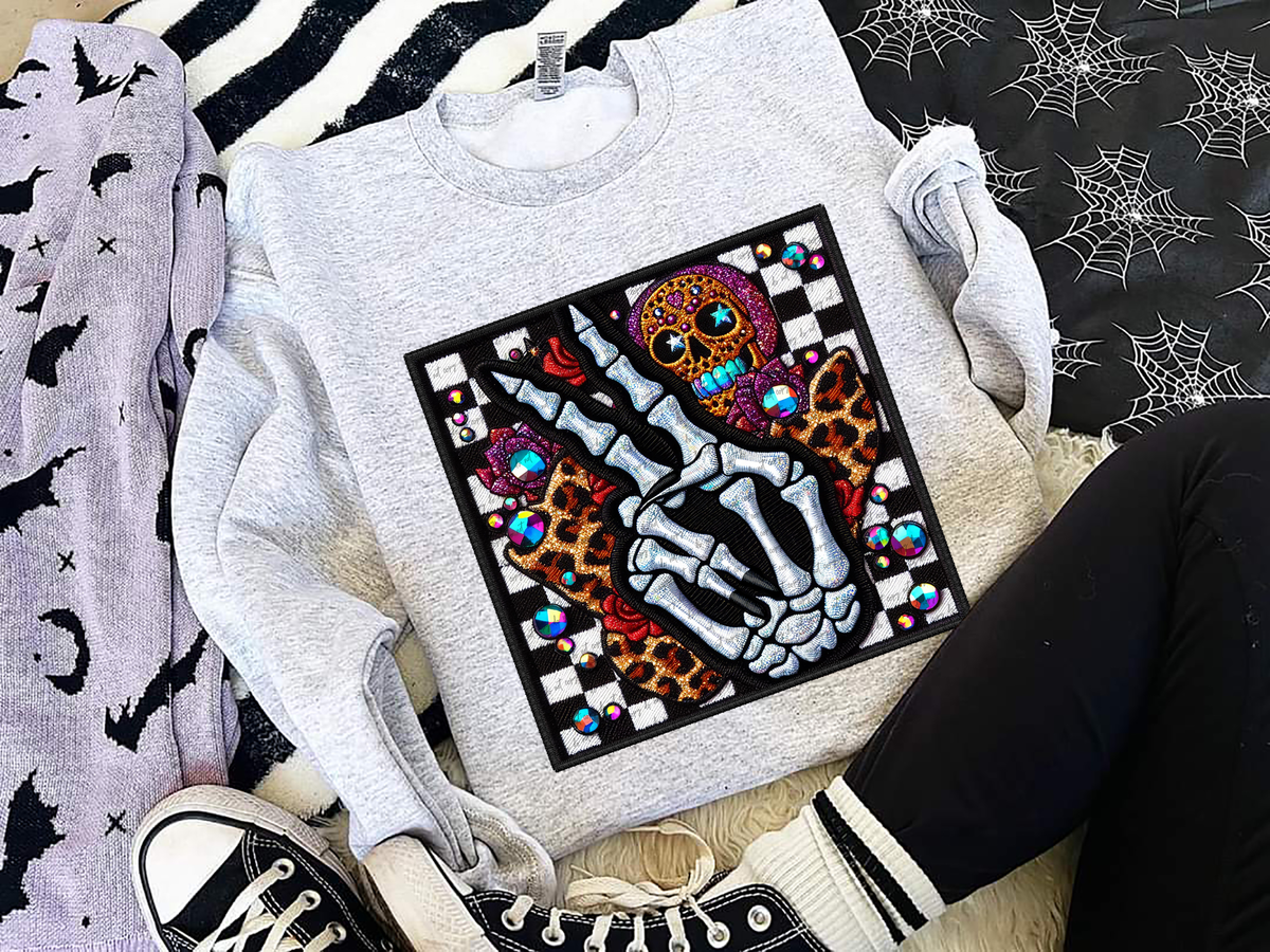 Faux Embroidery Skellie Peace Hand with Leopard and Checkered 57404 DTF transfer