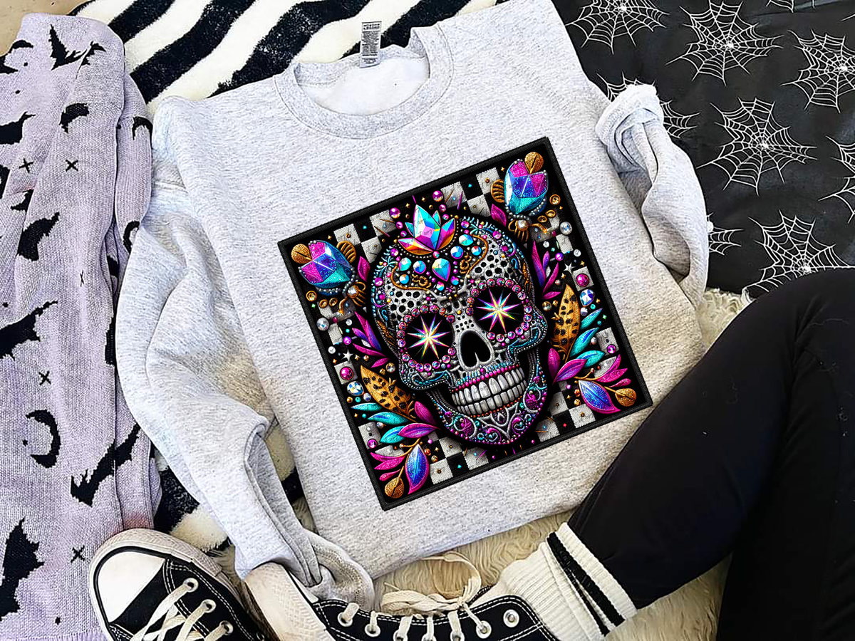 Faux Embroidery Skull with Leopard and Checkered 57405 DTF transfer