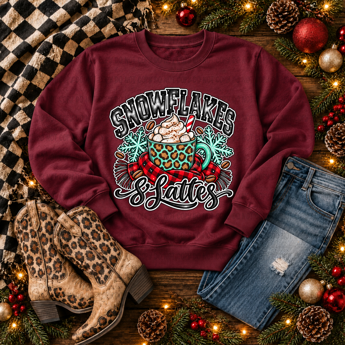 Snowflakes and lattes- teal leopard mug with plaid scarf (Revel) DTF Transfer